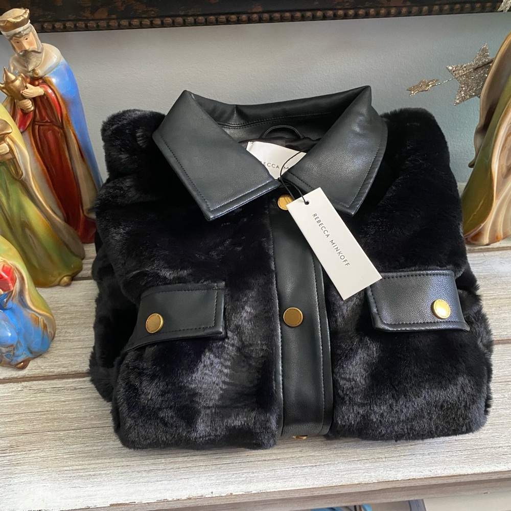 Rebecca Minkoff Faux Leather Trim Faux Fur Jacket ✨ Size Medium | black